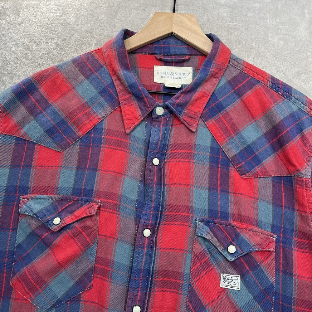 Denim And Supply Ralph Lauren Shirt Mens 2XL *STAIN* Red Plaid Snap Vintage
